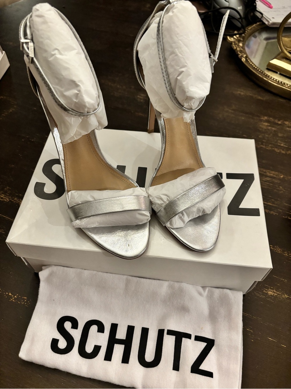 SCHUTZ Metallic Silver Strappy Stiletto Heels